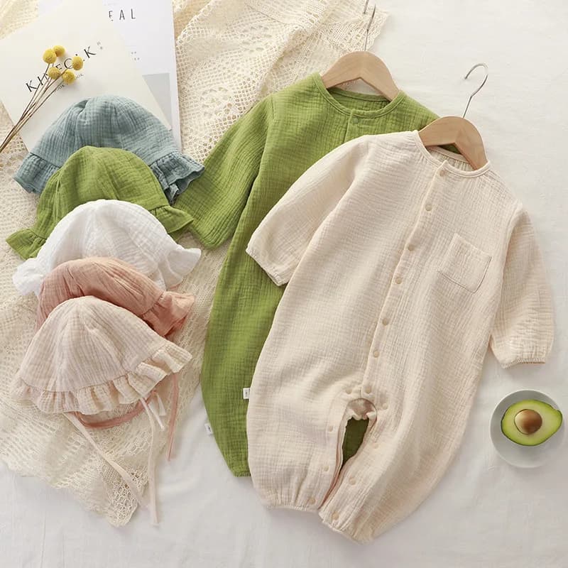 2 Pcs Baby Clothing Set Muslin Jumpsuits Cotton Gauze Romper+Hat Onepiece Jumper Grows Growing Macacão Infantil Mamelucos Outfit