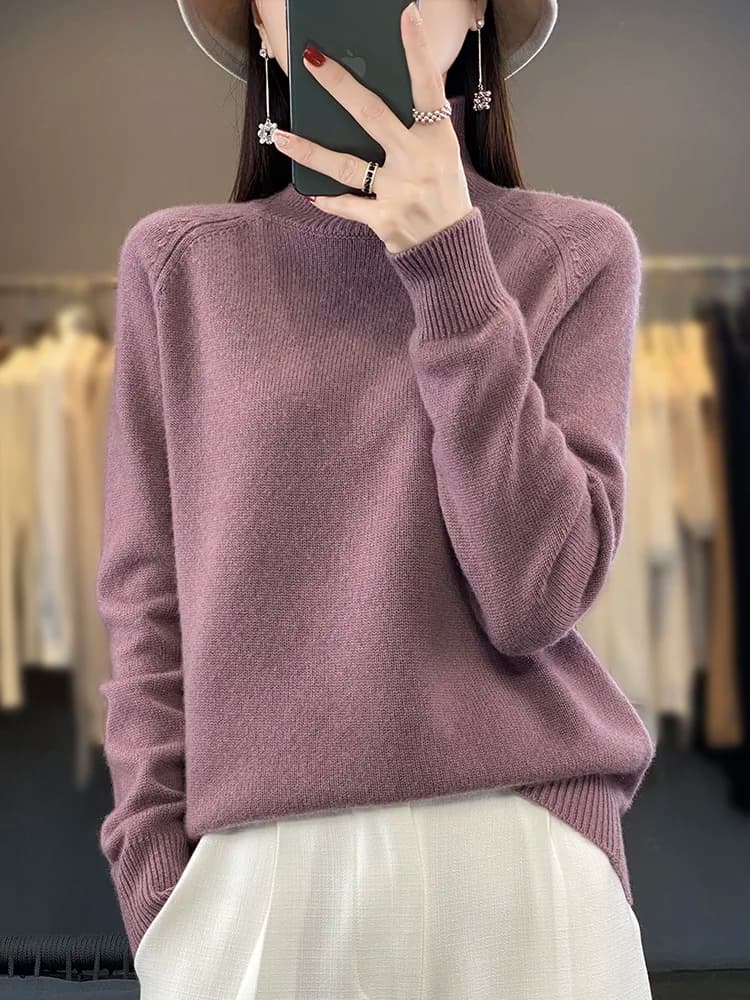 Fashion Basic Autumn Winter Merino Wool Sweater Mock Neck Cashmere Pullover Solid Color Soft Long Sleeve Basic Clothing Tops