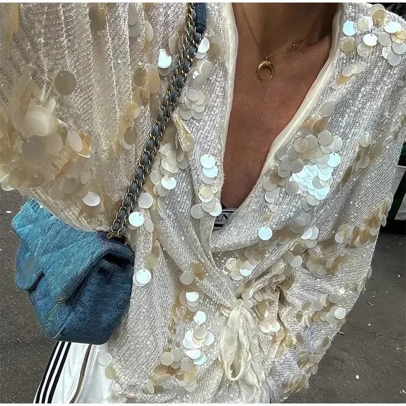 Women's Shiny Jacket Solid V-Neck Lace-up Sequined Long Sleeve Coat Streetwear Female Autumn Casual Top Jacket Outfits