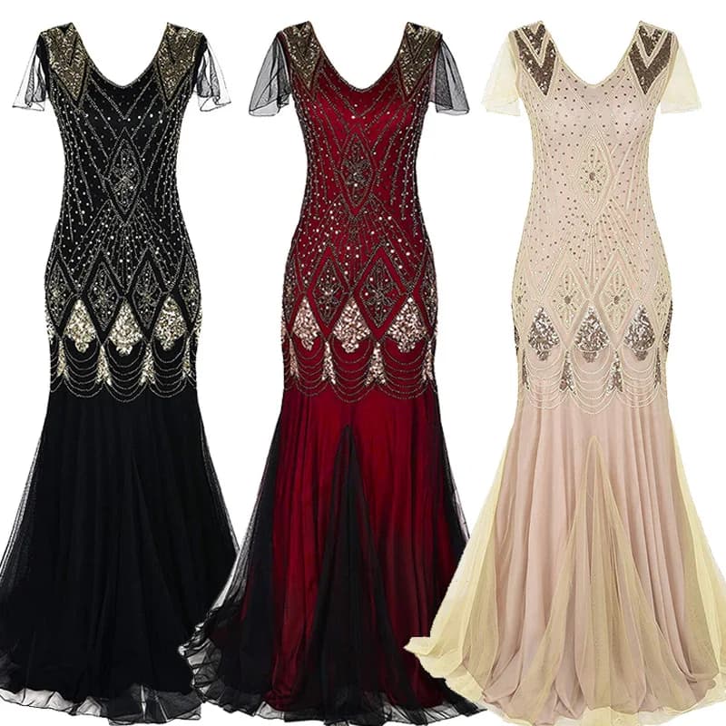 Women's Fashion 1920s Flapper Dress Vintage Great Gatsby Long Evening Prom Sequin Party Dress Women Mesh Costume