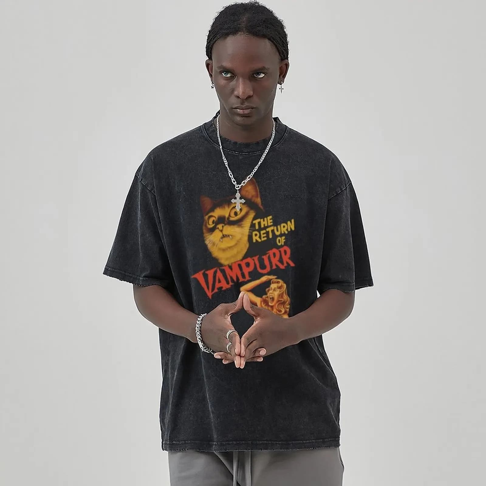 Anime Pussy Printed T Shirt Men Retro Washed 100% Cotton Tops Tees Harajuku Tshirt 2024 Streetwear Hip Hop Male T-shirts