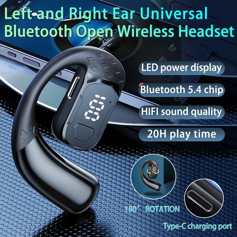 Wireless Headset 180° Rotation Adjustable Left Right Open Bluetooth 5.4 Ear Universal Earphone Mic Sport Business Music Ear-Hook