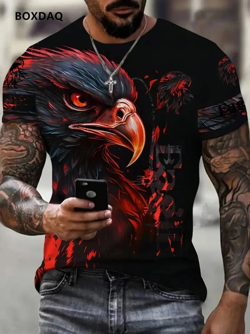 Fashion Eagle Men's T-Shirts Loose O-Neck Casual Tops Short Sleeve 3D Animal Printing Street T Shirt 6XL Big Size Breathable Tee