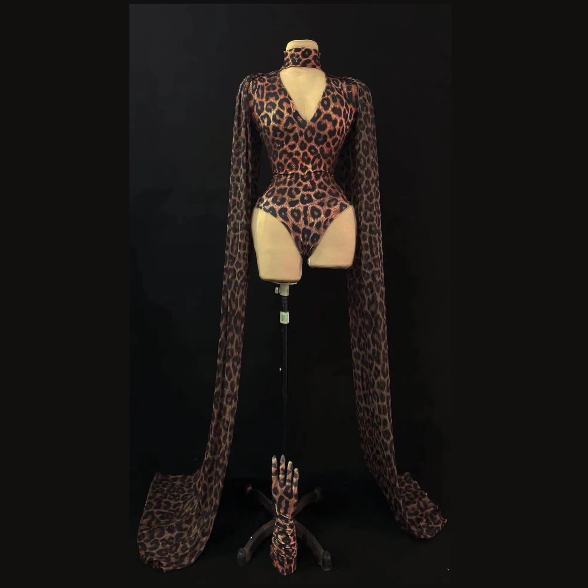 Leopard V-Neck Long Sleeves Sexy Bodysuits For Women Stage Perform Costume Carnival Drag Queen Outfits Party Prom Clothing