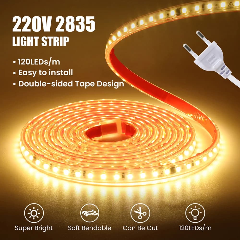 AC 220V 2835 LED Strip Light Waterproof IP67 120 LEDs Flexible Tape Lamp with IC Home Lighting White 0.5m 1m 2m 5m 10m 20m 50m