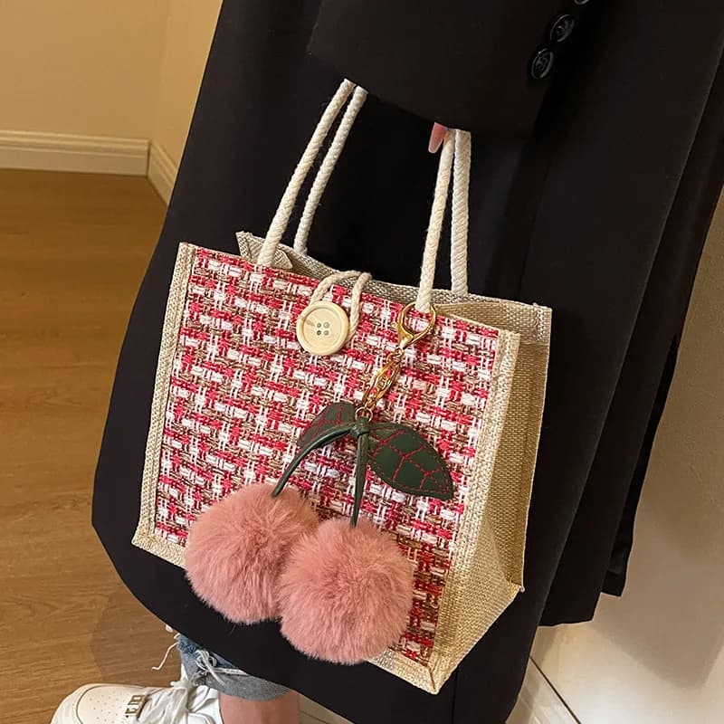 Retro Braided Pattern Jute Tote Bag Large Capacity Grocery Bag Women Handbag Travel Organizer Portable Shopping Bag 21x19x11cm