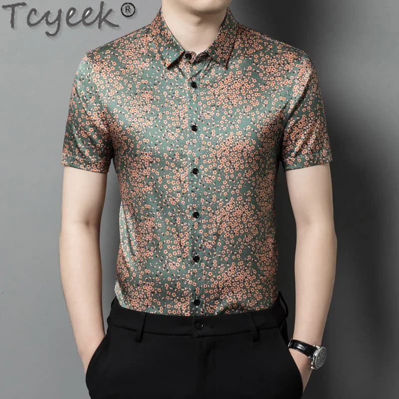 Tcyeek 92.4% Real Mulberry Silk Shirt Men Summer Clothes Short Sleeve Top Fashion Mens Shirts Thin Style Shirt Camisa Masculina