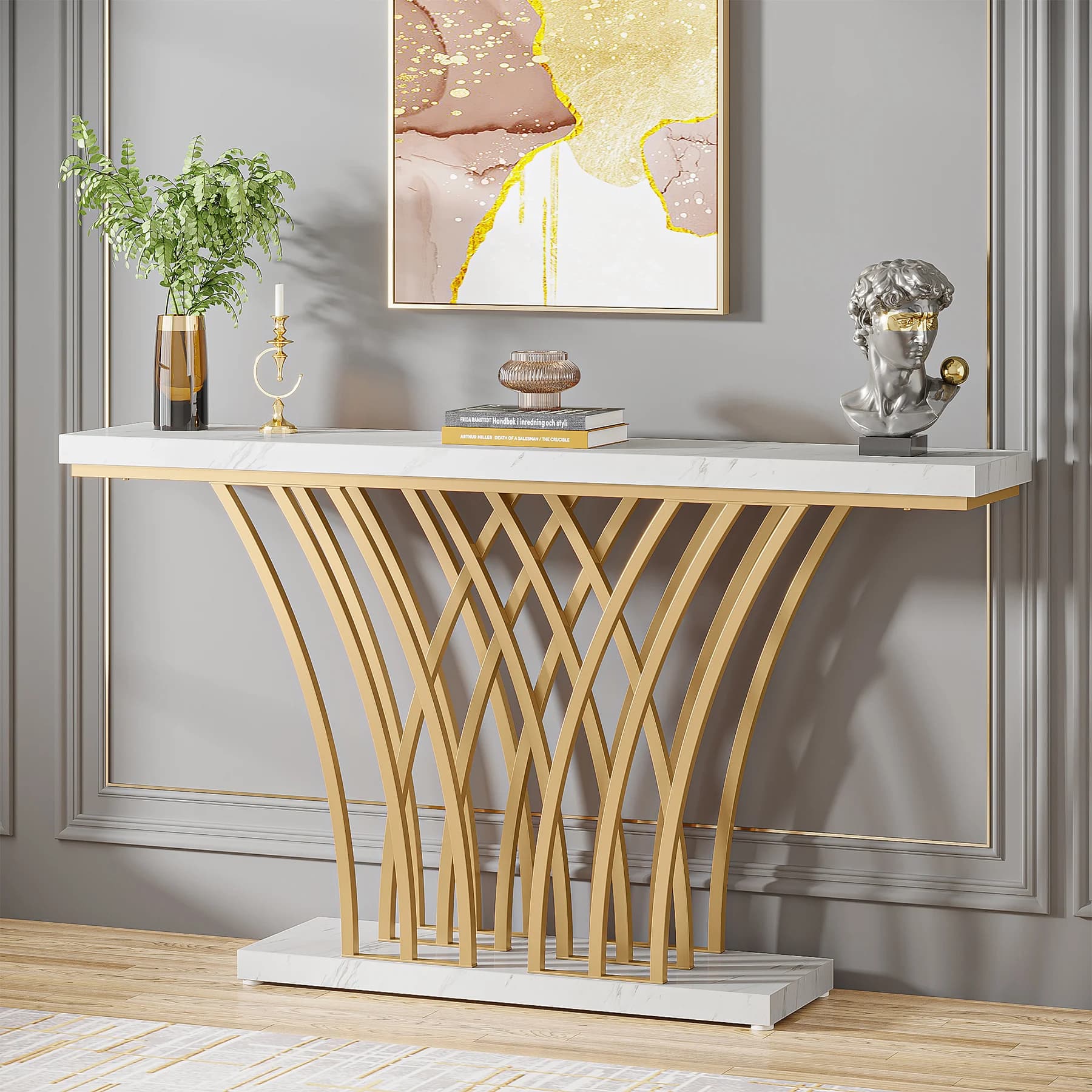 59 inch Gold Console Table, Modern Entryway Table with Grid-Shaped Metal Base for Entrance, Hallway, Entryway, Living Room