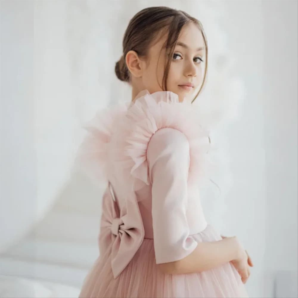 Light Pink Flower Girl Dresses Tulle With Bow Half Sleeve For Wedding Birthday Party Banquet Princess Gowns