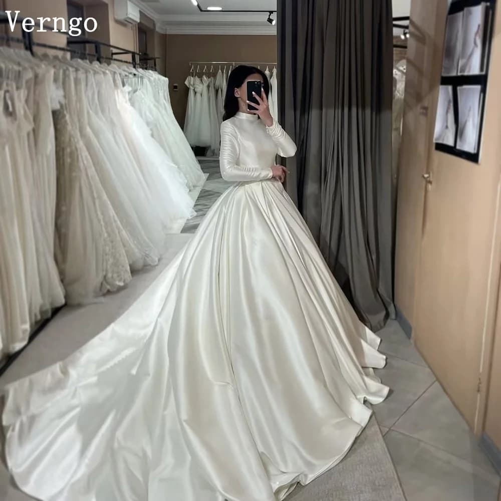 Verngo lvory Satin Wedding Dress High Neck Full Sleeves Bride Gowns Modest Mulism A Line Bridal Dresses Customized