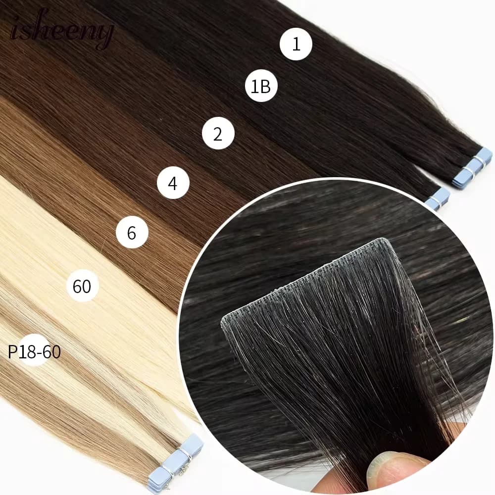 Isheeny 12" 16" 20" PU Skin Weft Tape Hair Extensions 10pcs Invisible Tape In Hair Extensions Straight Machine Remy Human Hair