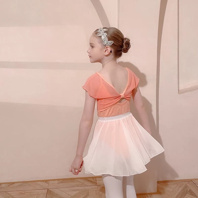 Summer Short Sleeve Ballet Dress Girl Gauze Bodysuit Chiffon Skirt Kids Fairy Costume Body Gymnastics Figure Skating Elegant New