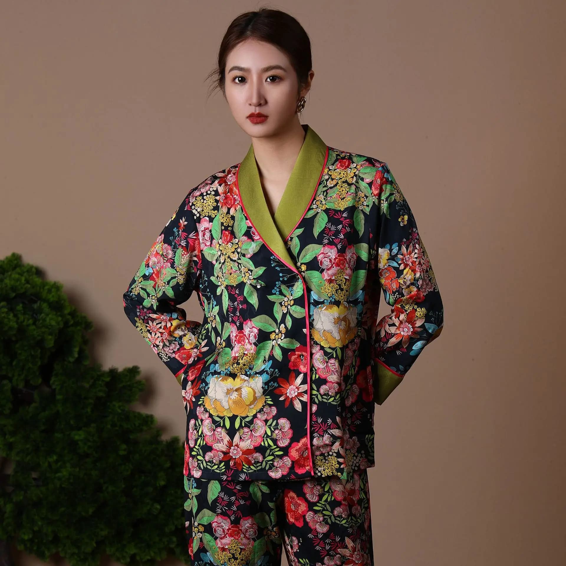 Silk Pajamas for Women Outfits V Neck Luxury Flower Print Sleepwear Satin Pjs Home Clothes Loose Nightwear 2 Piece Suit Pijama