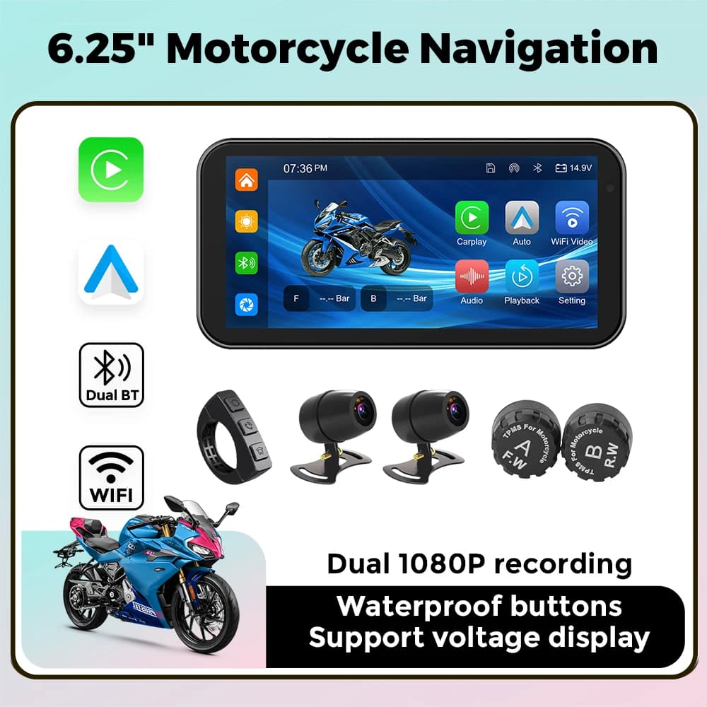 Portable 6.25 inch IP67 Waterproof Motorcycle GPS Navigation Wireless Carplay Android Auto DVR Drive Recorder Moto Monitor WIFI