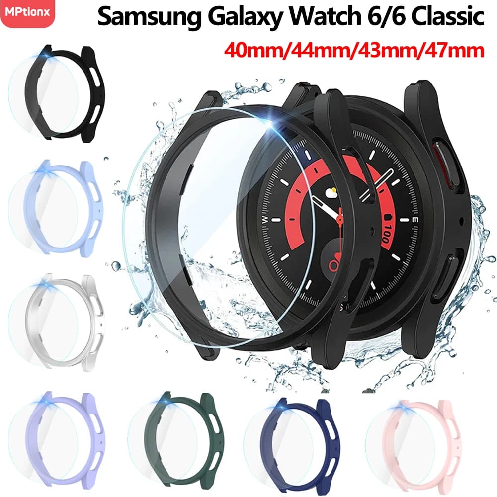 Glass+Case for Samsung Galaxy Watch 6 44mm 40mm Waterproof PC Cover Watch 6 Classic 43mm 47mm Galaxy Watch Case+Screen Protector