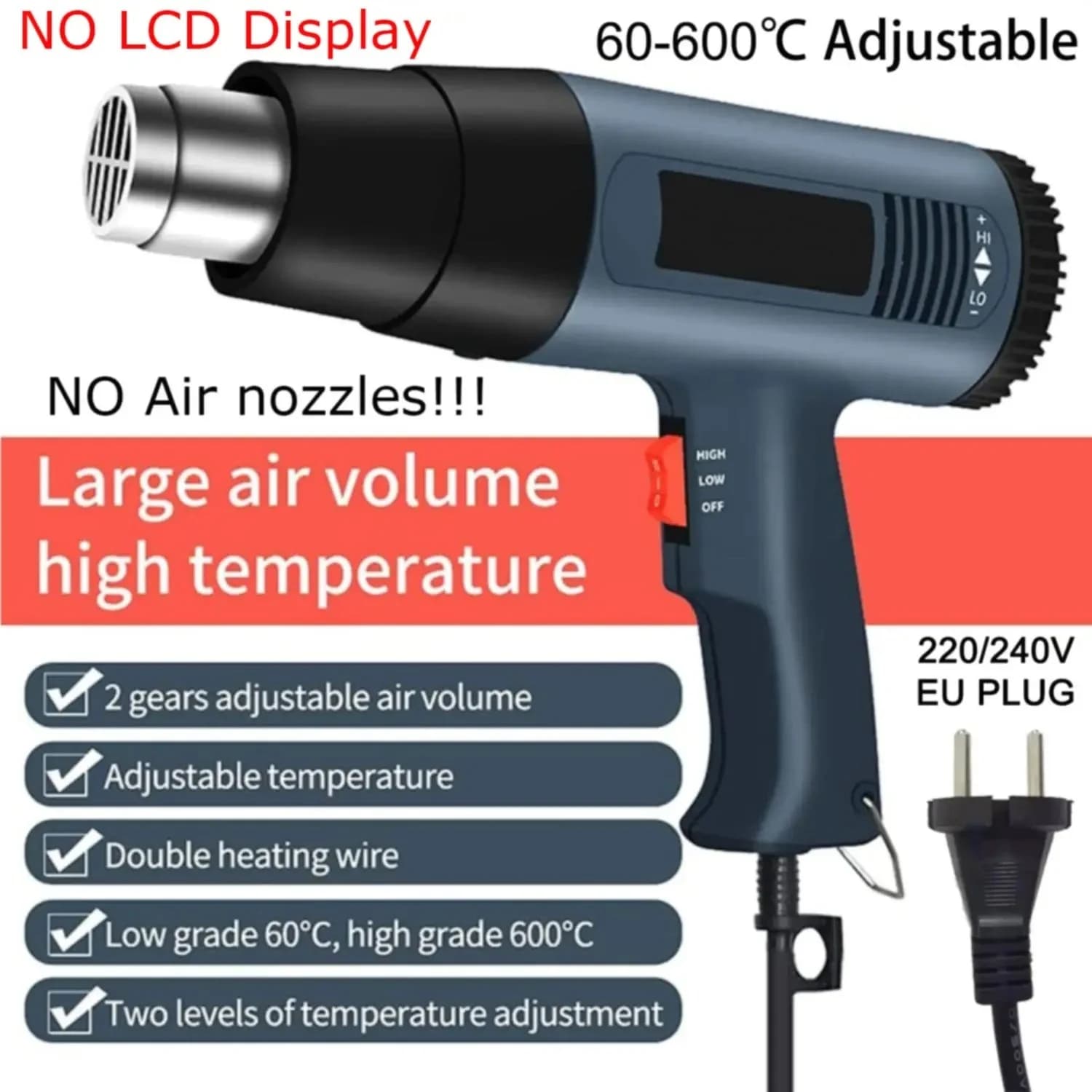 2000W Heat Gun Professional Hot Air Gun 60-600 D 4 Nozzles for DIY Stripping Paint Shrinking PVC and Home