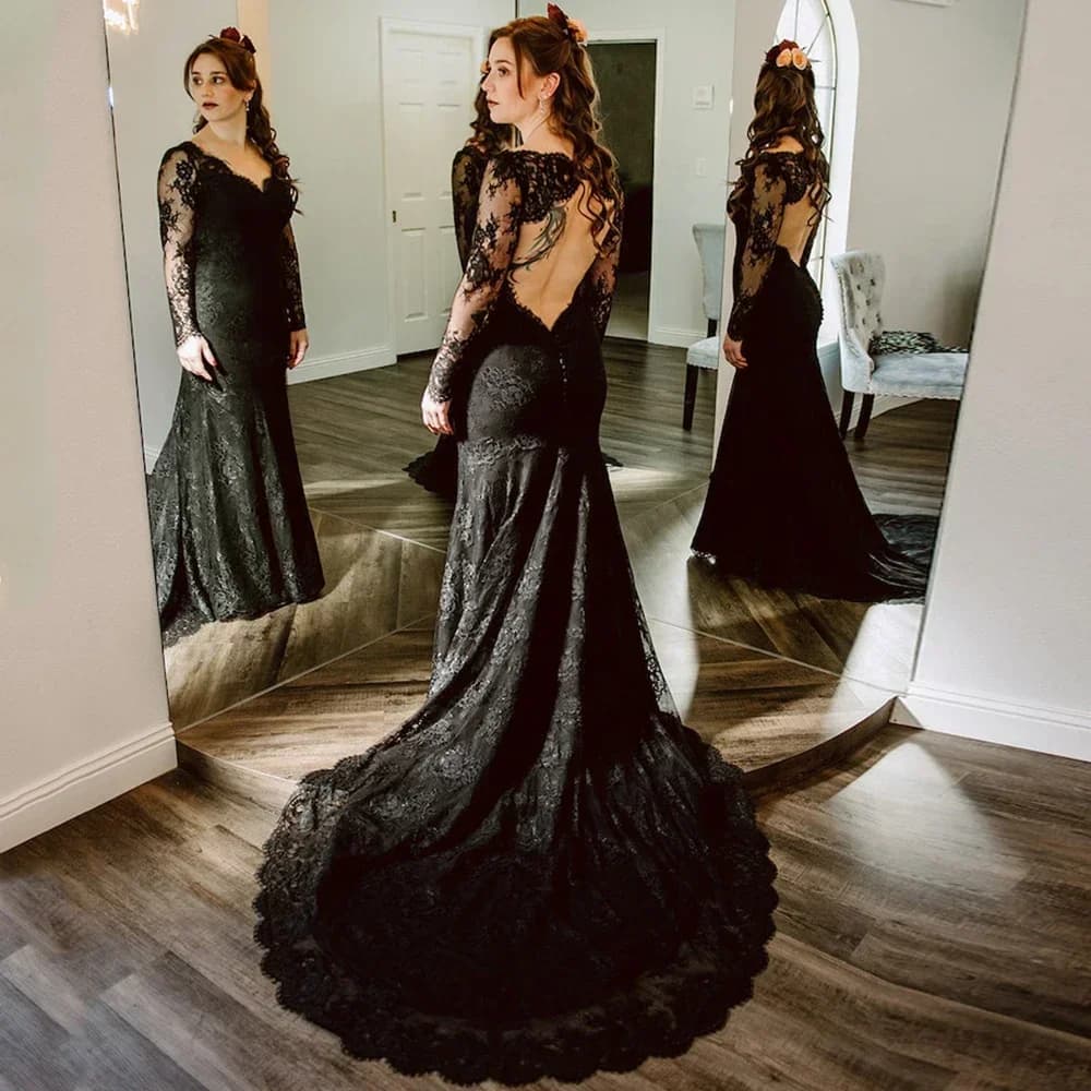 Customized Tulle Appliques Lace Wedding Dress V-Neck Long Sleeves Backless Bridal Gown Exquisite High Quality Prom Dresses Women