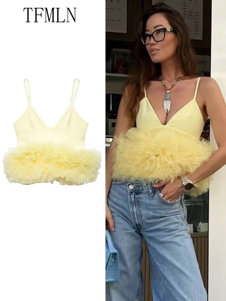 TFMLN 2025 Fashion Hem Tierred Camisole For Women Summer Sexy V-neck Sleeveless Sweet Causal Tops High Streer Girls Backless Top