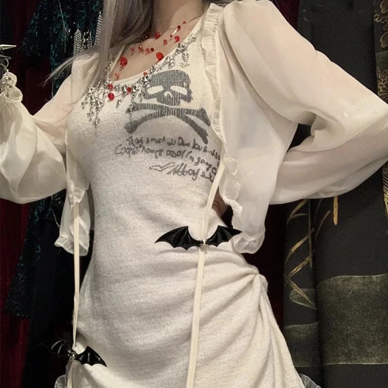 Y2K women clothing arcane Sweet Goth Style Cream White Halter Dresses Women Skirts Skulls Sexy Cute Derss and Coat Dress Sets