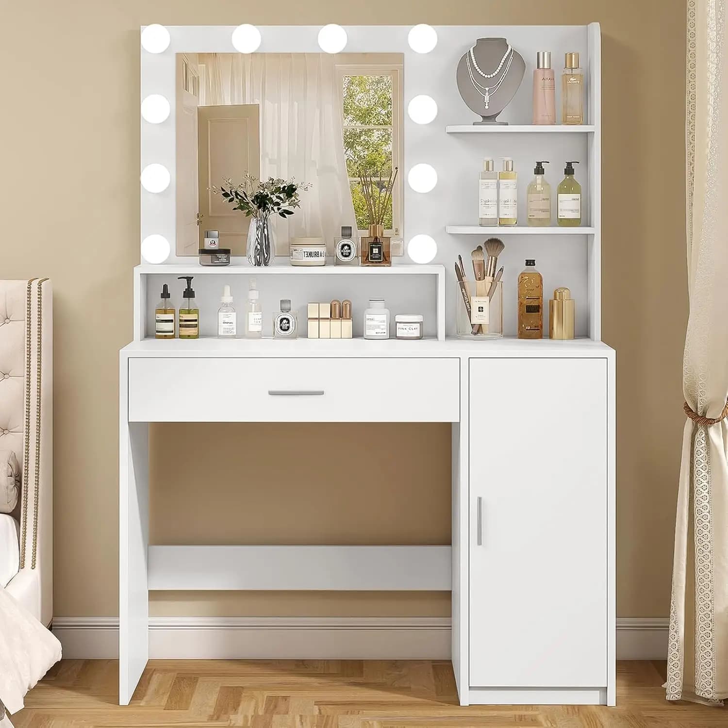 Makeup Vanity Desk with Mirror and Lights, Vanity Desk with Large Drawer & Shelves & Cabinet, Bedroom, White