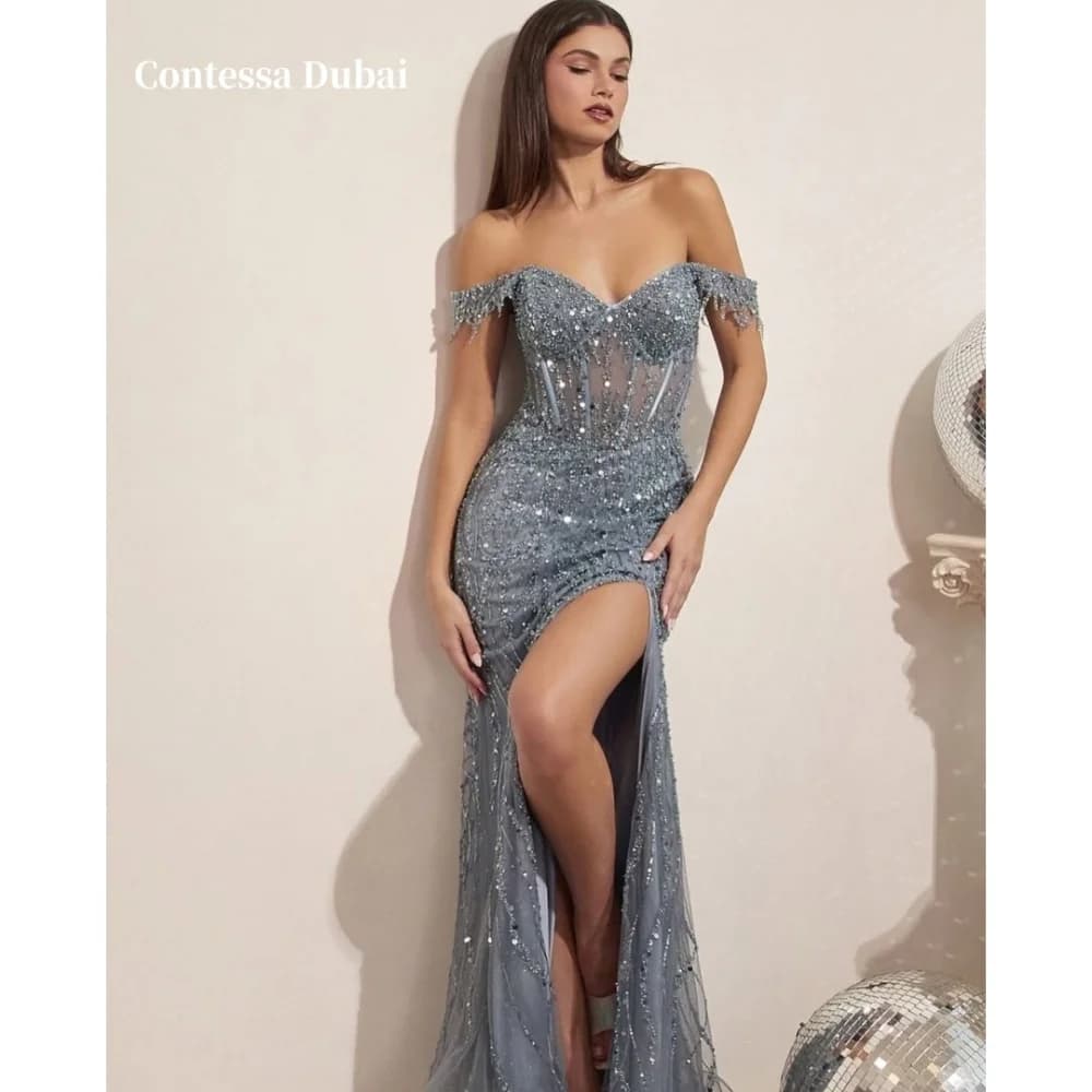 Contessa Dubai Sequin Off Shoulder Side High Split Prom Dresses Mermaid Customized فساتين سهرات Court Train Evening Dress 2025