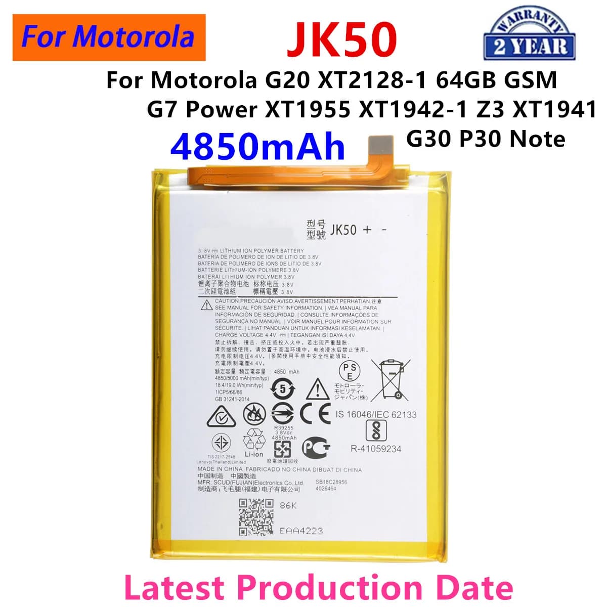 100% Original JK50 4850mAh For Motorola G20 XT2128-1 64GB GSM G7 Power XT1955 XT1942-1 Z3 XT1941 G30 P30 Note Phone Batteries