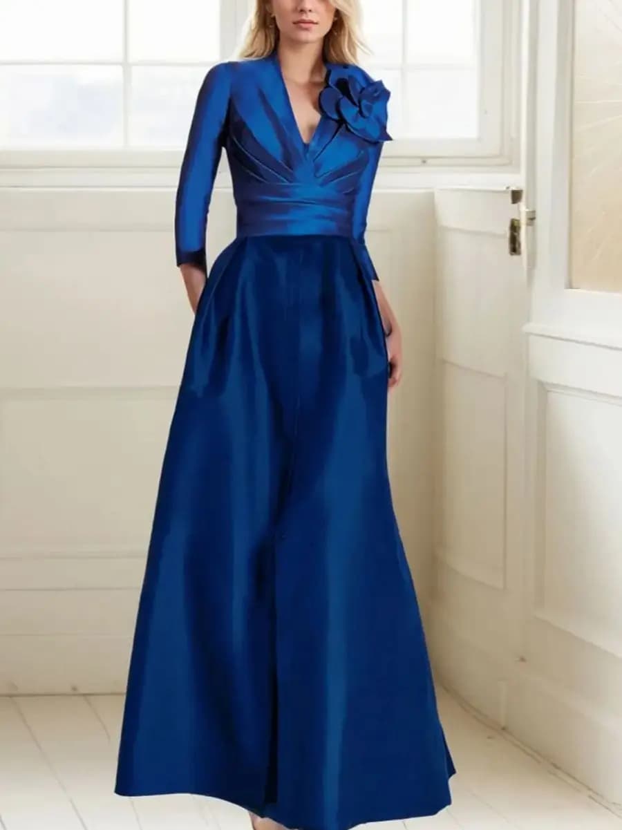 Fashions Elegant A-line Prom Evening Gown Long Sleeve Satin V Neck Floor Length Pleated Wedding Guest Dress 2025 Free Customized