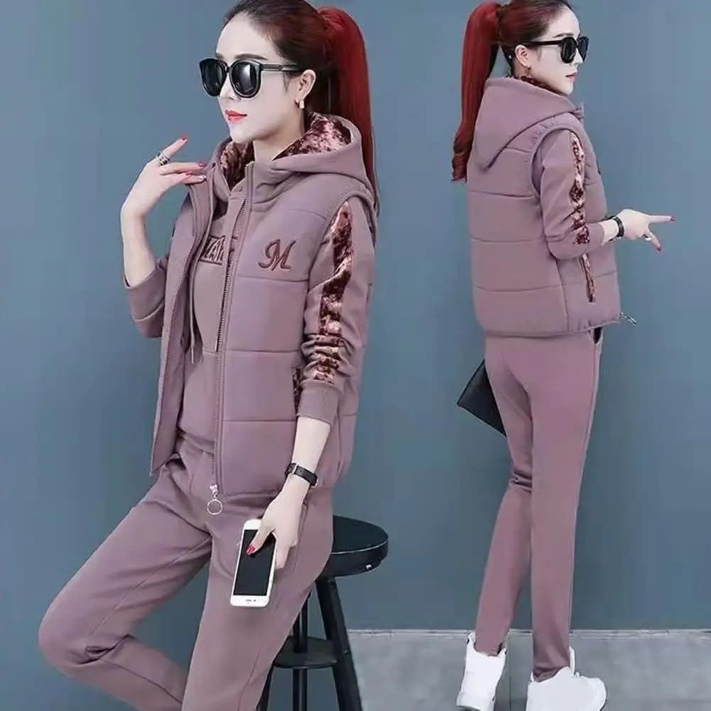 Ladies Winter Tracksuit Stylish 3-piece Women's Waistcoat Set Letter Embroidery Hooded Drawstring Elastic Cuff Soft for Fall