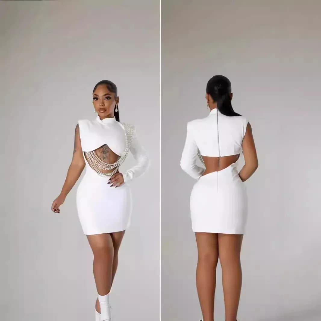 One Shoulder Slim Hip Wrap Dress, Cross-border Europe Sexy Big Pearl Pendant, Solid Color, Cross-Border