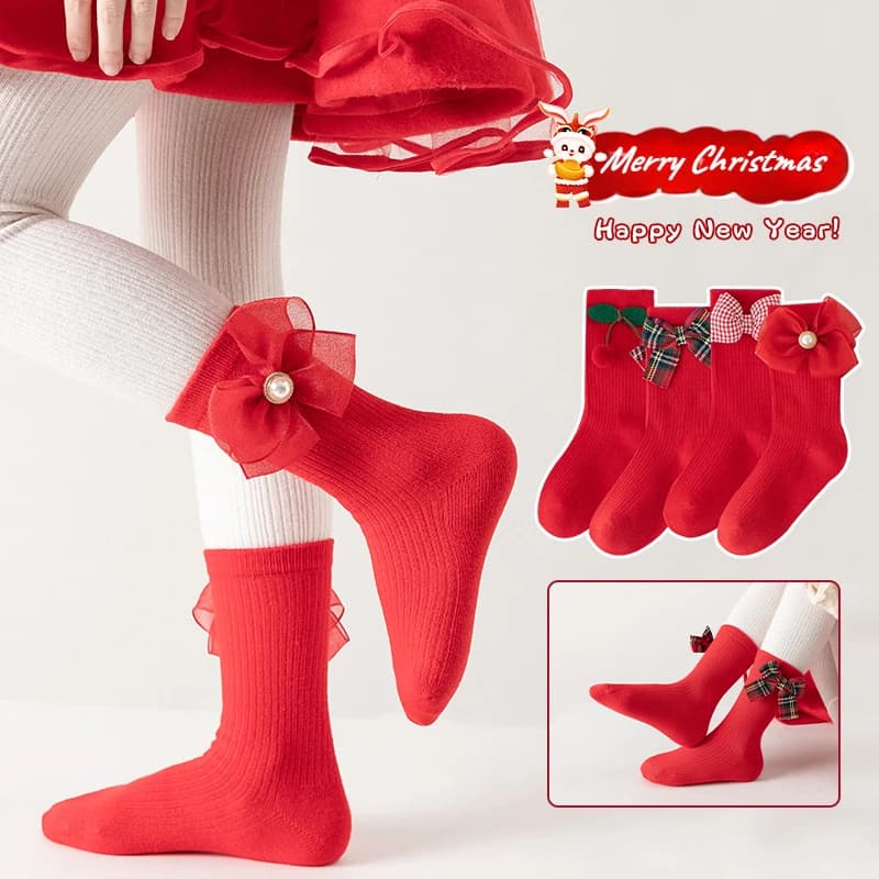 Children's Bow Socks Hristmas Stockings New Baby Stockings Girls Socks Autumn and Winter Leg Warmers for 2025 Xmas New Year