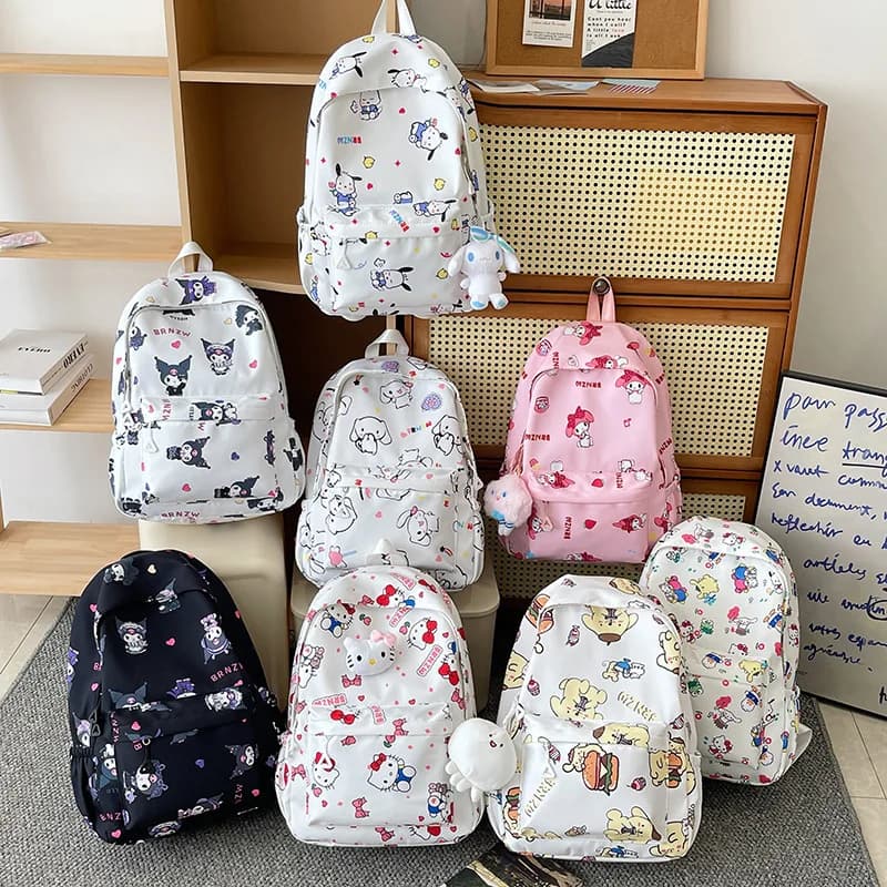 New Sanrio Cute Kuromi Melody Cinnamoroll Large Capacity Backpack Boys Girls Cartoon Hello Kitty Kawaii Canvas Schoolbag
