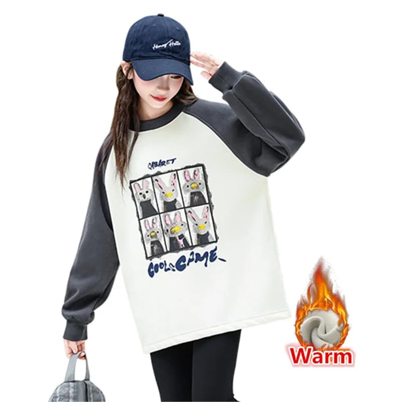 Stylish Teen Girls Cartoon Rabbit Thermal Sweatshirt Kids Long Sleeve Cotton Outerwear Winter Children Streetwear Clothes 5-14Y