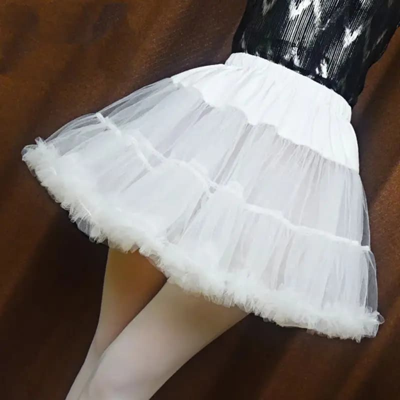 Women Girls Ruffled Short Petticoat Solid White Color Fluffy Bubble Tutu Skirt Puffy Half Slip Prom Crinoline Underskirt No