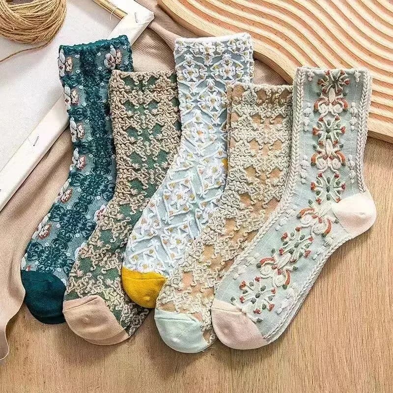 5 Pairs Floral Socks Set, Women Cute Flower Geometric 3D Textured Ankle Cotton Blend Cottagecore Lucky Socks