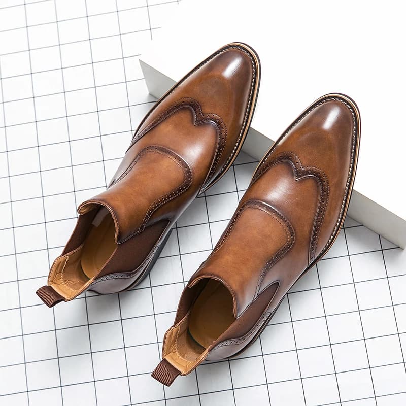 British style mens fashion chelsea boots soft leather carved brogue shoes party banquet dress cowboy ankle boot short botas male