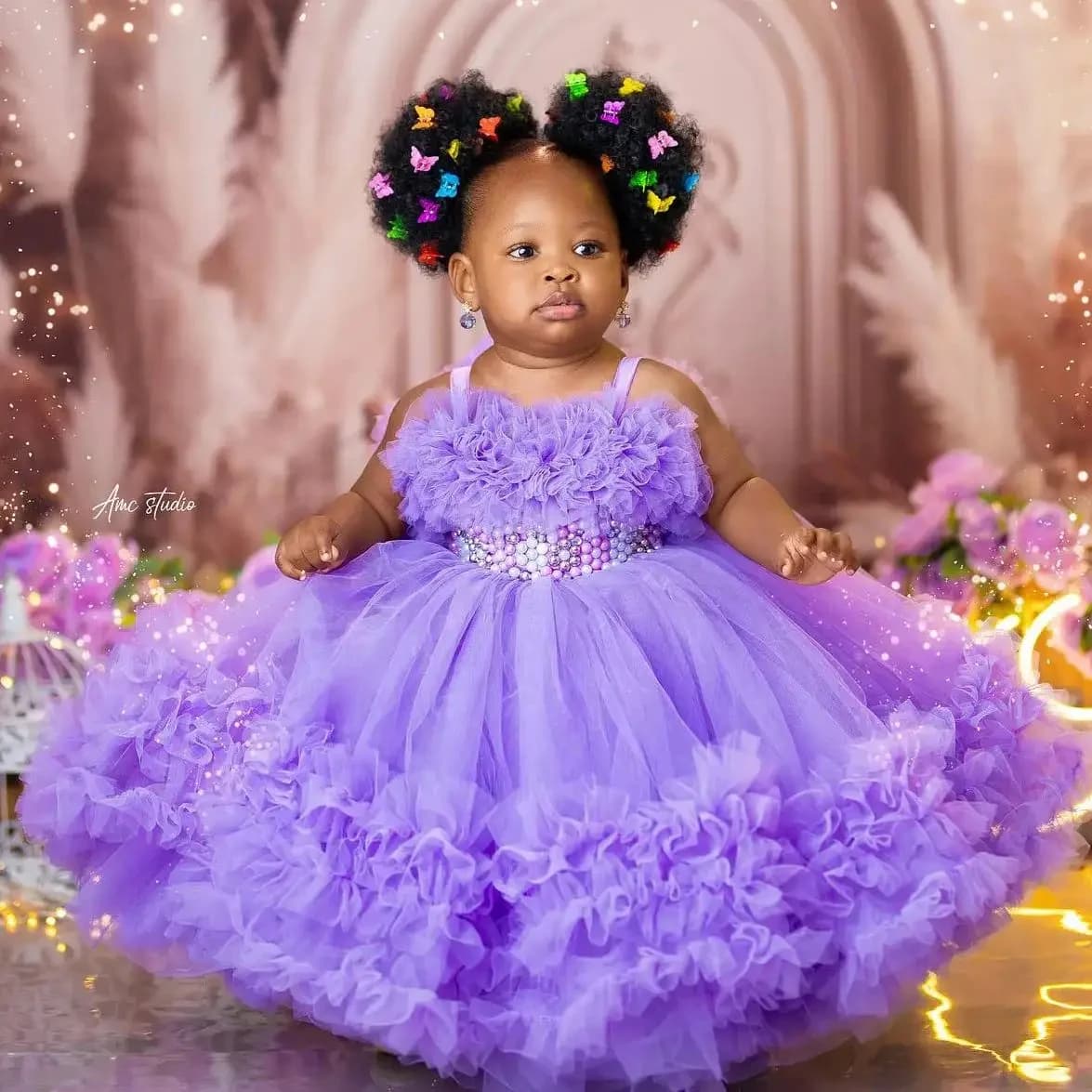 Beautiful Lavender Ruffles Baby Girl Birthday Pageant Dresses Long Pearls Tulle Princess Prom Party Dress First Communion Dress
