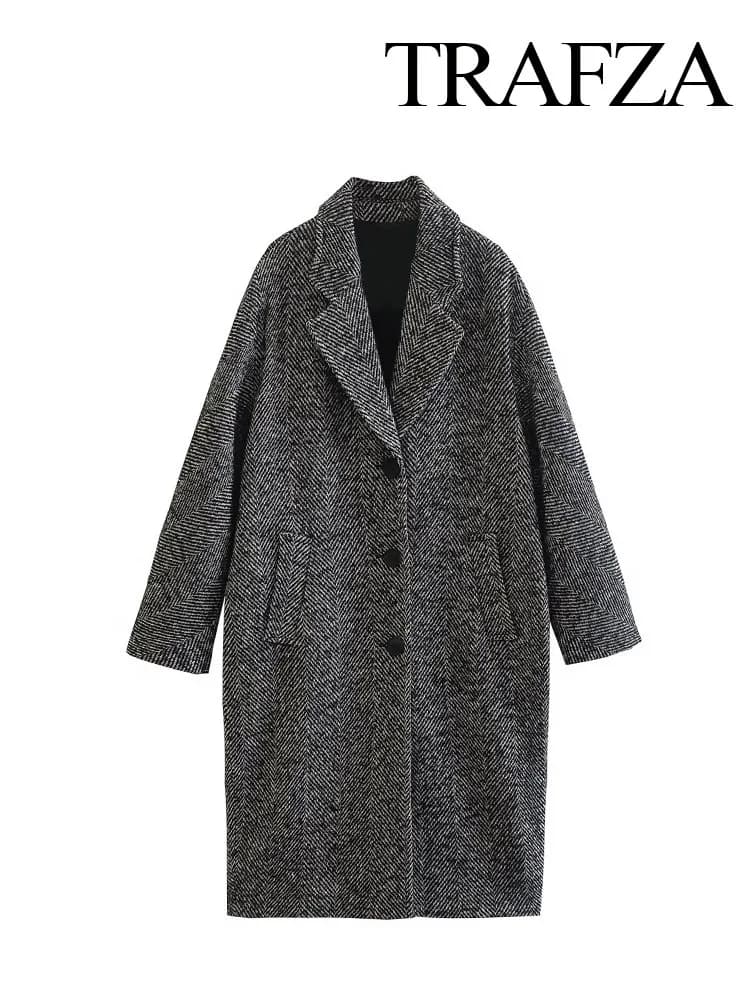TRAFZA Women's Elegant Coats Dark Gray Turn Down Collar Long Sleeves Single Breasted Winter Fashion And Chic Outerwear For Women