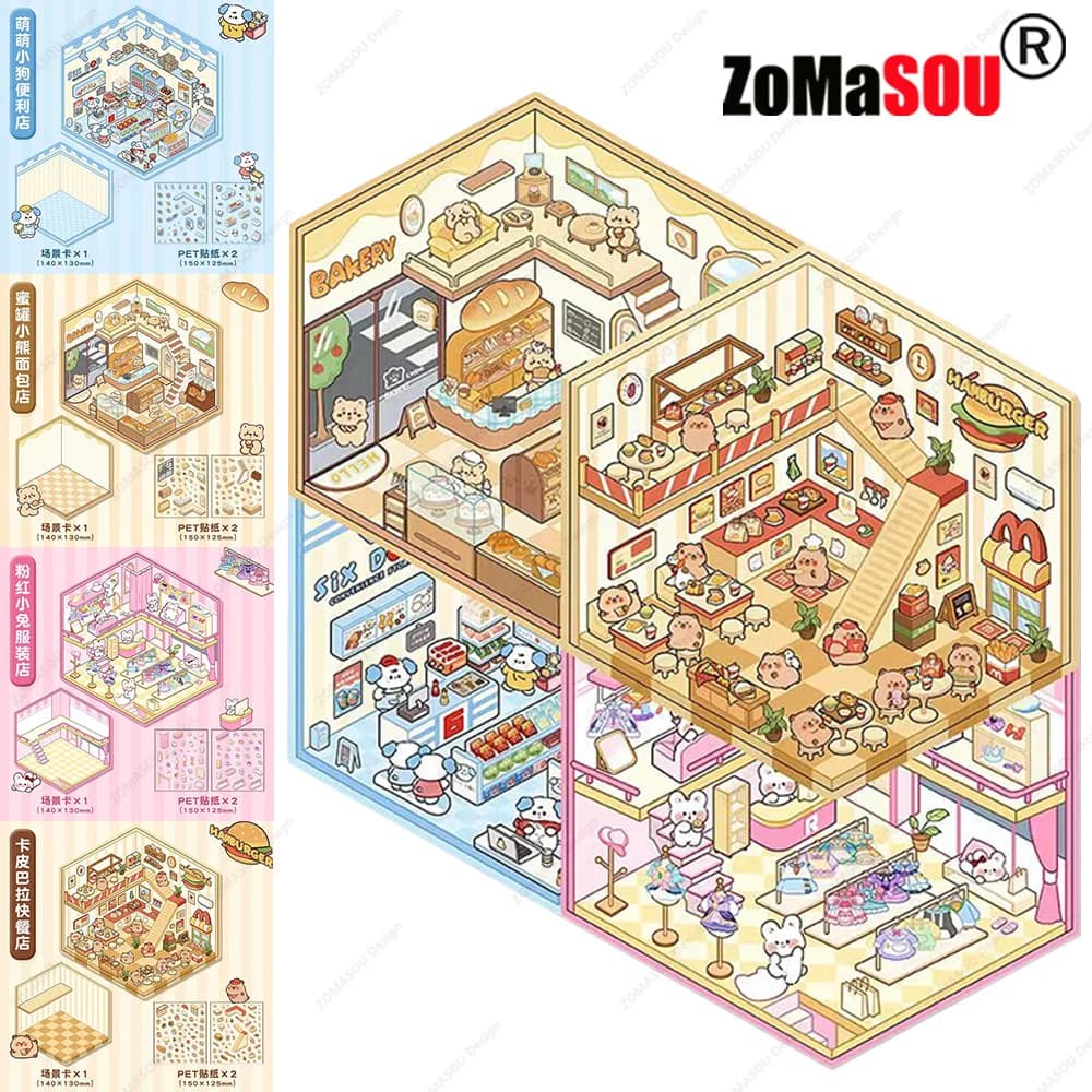 3D DIY Stickers Korean Style Cartoon Landscape Stickers Miniature Cabin Scene Stacking Pasting Hand Account Gift for Kid Child