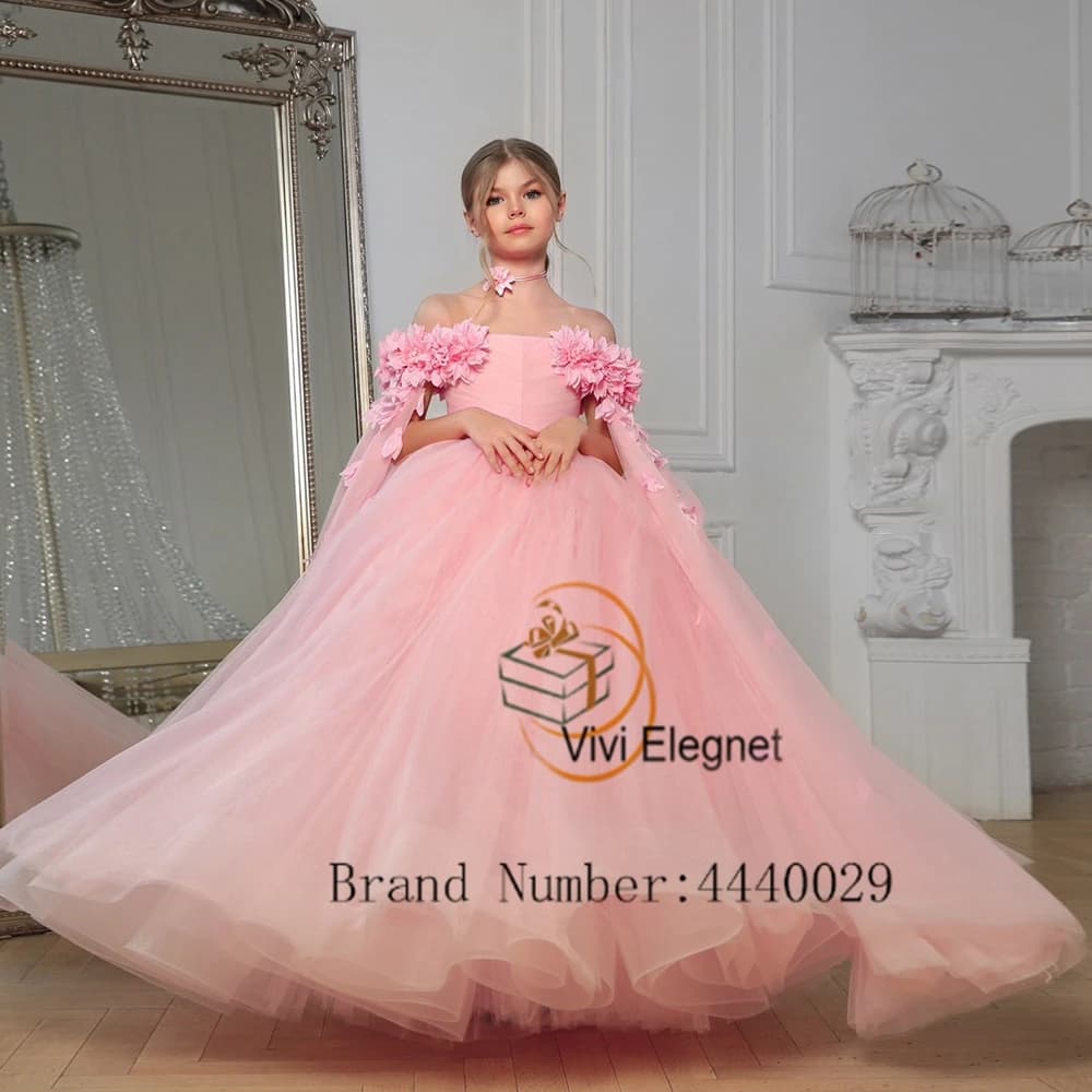 Pink Off Shoulder Boat Neck Flower Girl Dresses for Birthday Soft Tulle Wedding Party Gowns with Flower فساتين اطفال VV98009