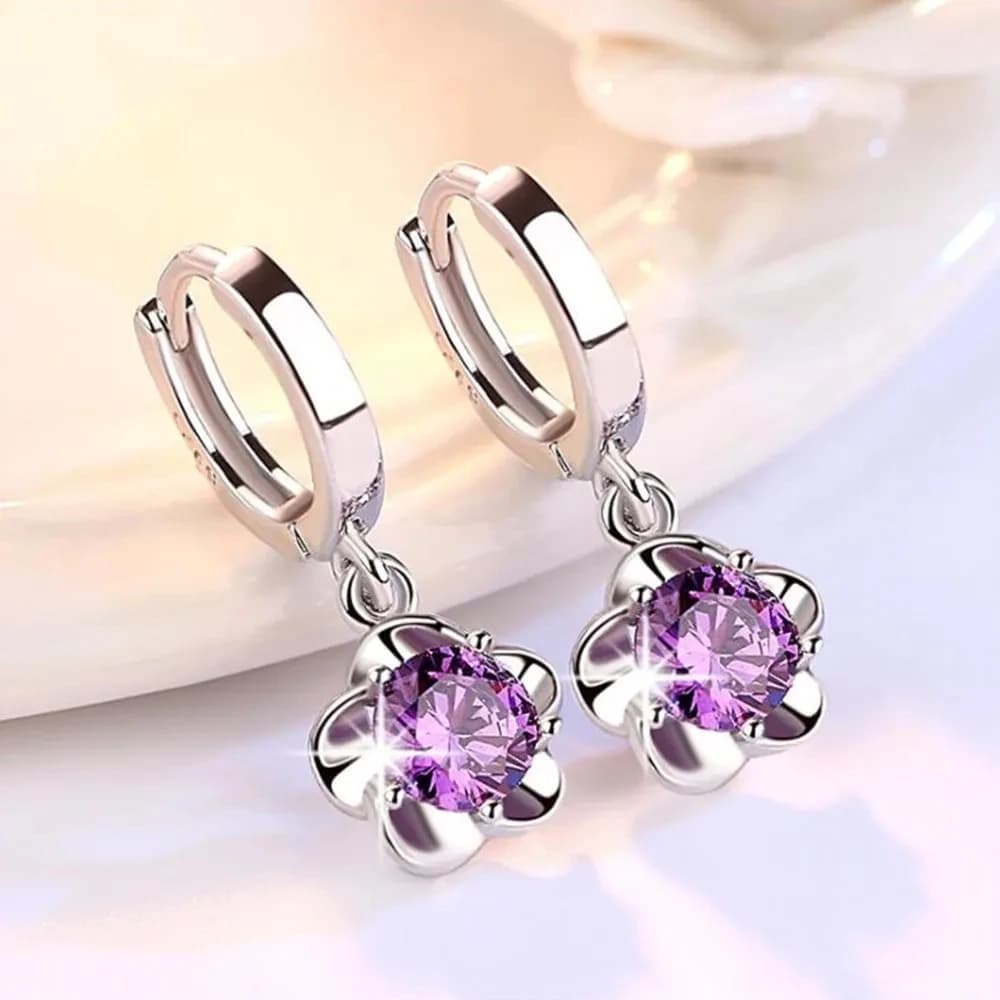 Silver 925 Hoop Earrings For Women Fine Jewelry Purple White Zircon Silver Sample 925 Clover Plum Cherry Blossom Flower Earrings