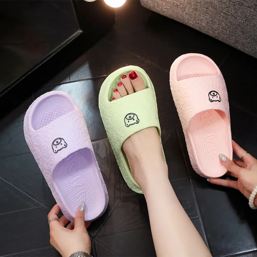 Cute Bear Decoration Women's Slippers New EVA Soft Flat Slippers Non-slip Solid Color Couple Sandals Outdoor Walking