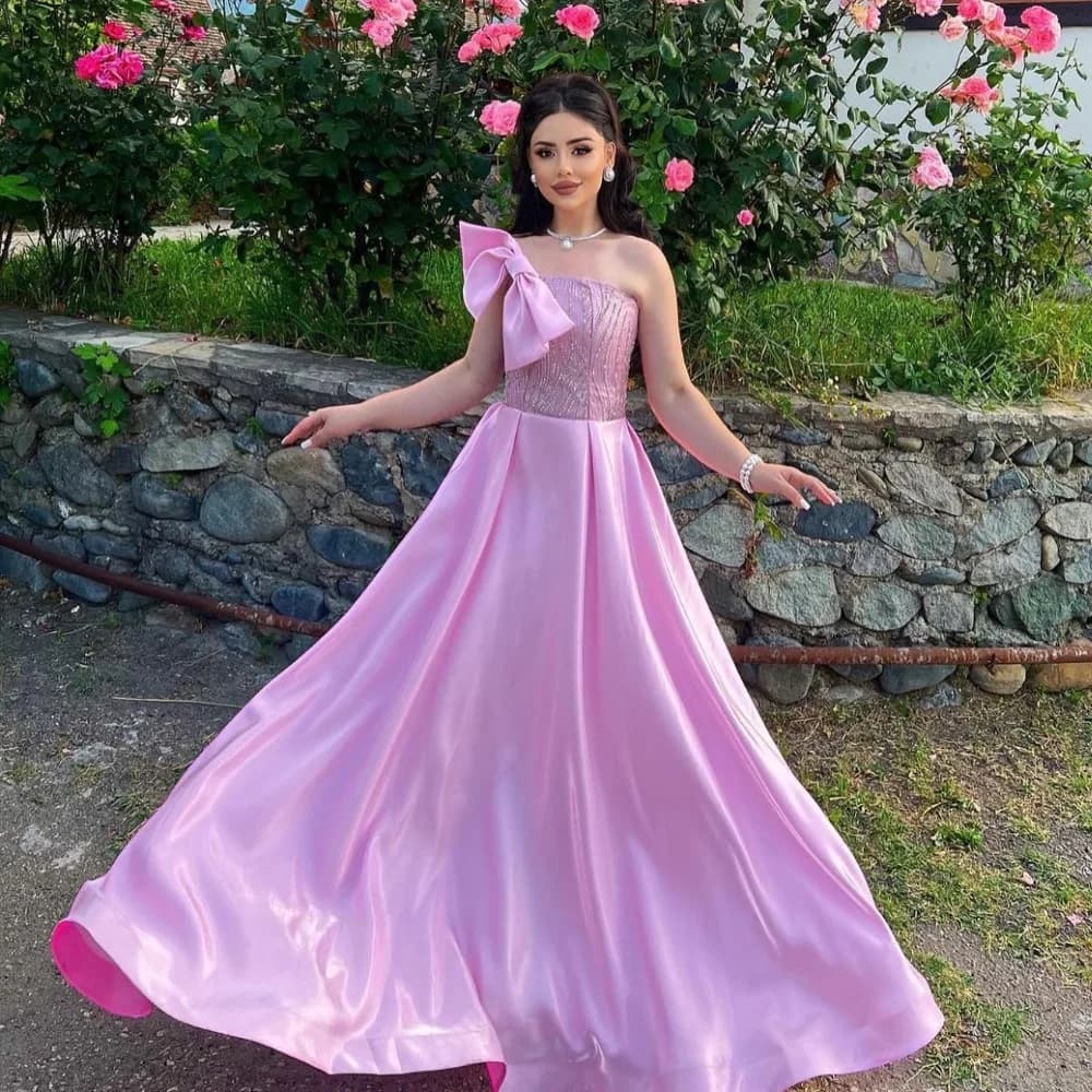 Customized Modern Style Bow A-line One-shoulder Long Dresses Prom Dresses Pastrol Unisex Chinese Style Formal Casual Simple Ret