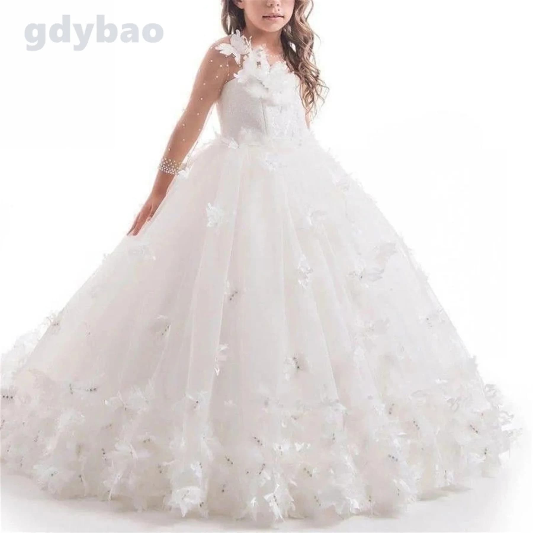 White Butterflies Lace Flower Girls Dresses For Wedding Knot Bow Sequined Beaded Kids First Holy Communion Party Ball Gown
