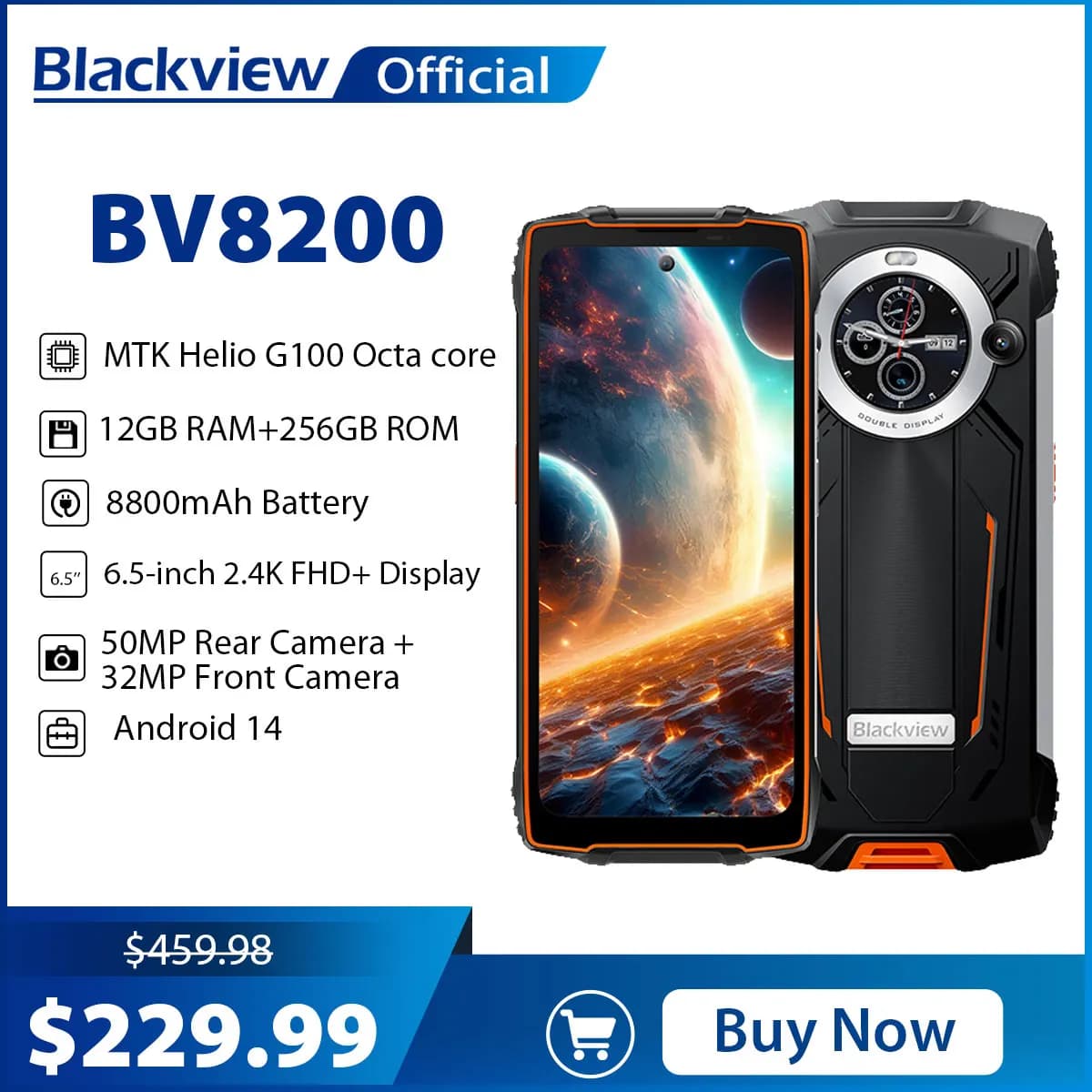 Blackview BV8200 Rugged phone 6.49" 2.4K 120Hz Display Helio G100 12GB 256GB NFC Flashlight Android 14 CellPhone