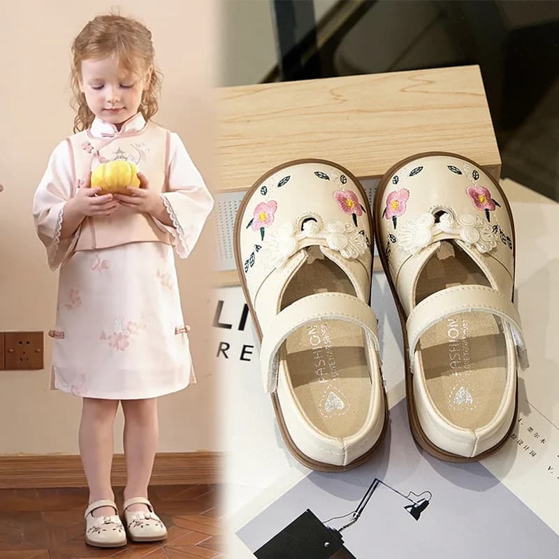 1-7Yrs Girls Leather Shoes Toddler Kids Embroidered Floral Flat Shoes Chinese Style Princess Doll Shoes Dress Shoes