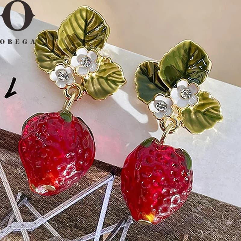 Obega Girls Cute Strawberry Drop Earrings Green Leaves White Flower Red Berry Crystal Stone Earrings ForSummer Jewelry Gift