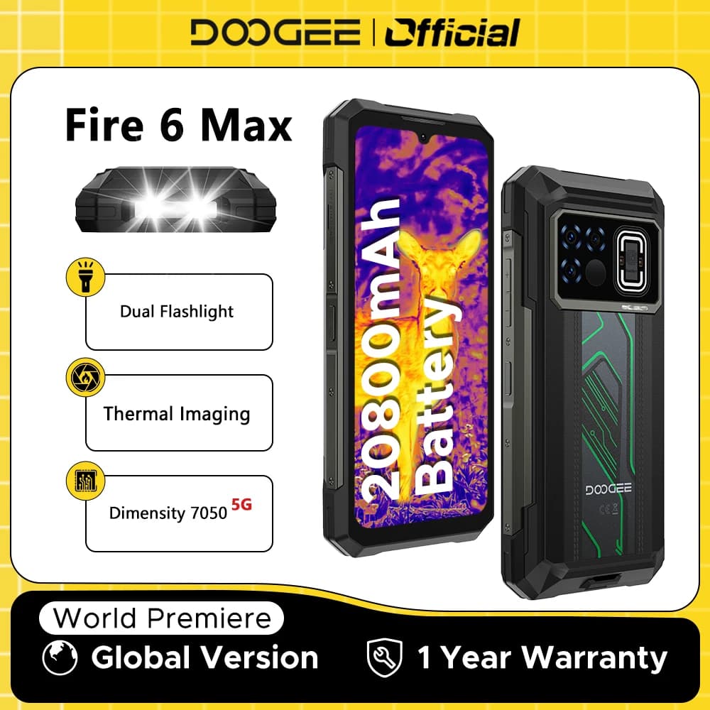 World Premiere DOOGEE Fire 6 Max 5G Rugged Phone Dimensity 7050 Thermal Imaging 6.72” Dual Flashlight 20800mAh Battery Cellphone