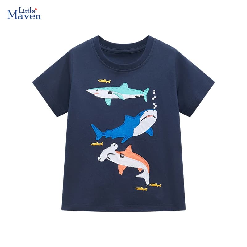 Little maven New Tops Kids Clothes of Children 2024 Baby Boys Blouses T-shirts for Children's Clothing Cartoon Sharks Cotton