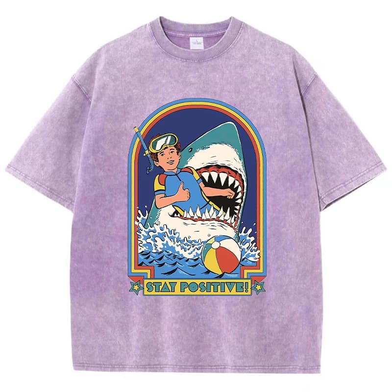 Stay Positive Cartoon Print Women Wash Tshirt Breathable Comfortable Short Sleeve Fashion Cool T-Shirt Distress O-Neck Clothes