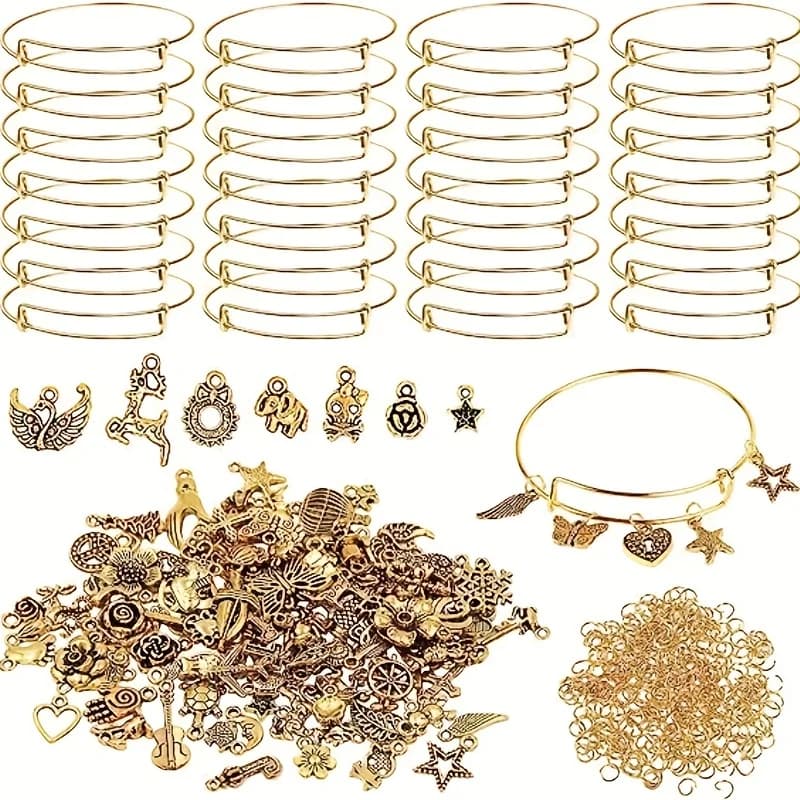 90Pcs Silvery Adjustable Bangles With Charms, Earring Hooks And Jump Rings, Suitable For DIY Jewelry Making